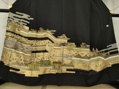 平和屋着物●陶流染　西村仙寿　黒留袖　駒刺繍　人物風景文　金彩　正絹　逸品　AABK9336ck