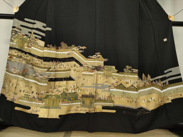 平和屋着物●陶流染　西村仙寿　黒留袖　駒刺繍　人物風景文　金彩　正絹　逸品　AABK9336ck