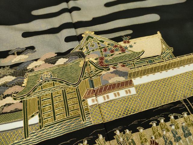 平和屋着物●陶流染　西村仙寿　黒留袖　駒刺繍　人物風景文　金彩　正絹　逸品　AABK9336ck