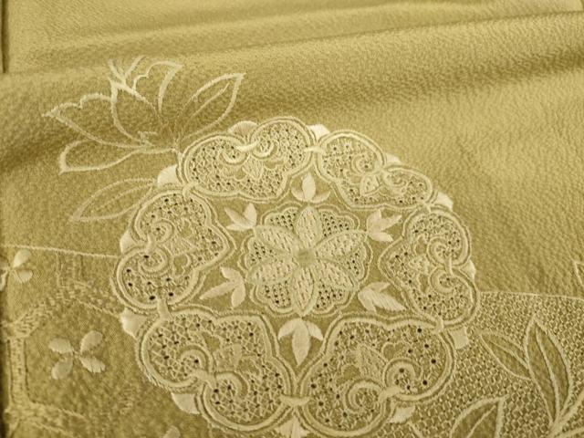 平和屋着物●訪問着　総刺繍　中国三大刺繍　汕頭刺繍　スワトウ刺繍　流水花文　路考茶色　正絹　逸品　AABK9338ck