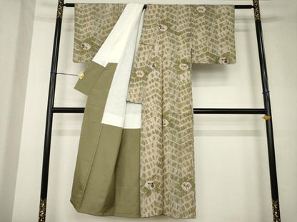 平和屋着物●伝統工芸士　七代目　吉澤与市　小紋　紬地　型染め　杢目絞り　正絹　逸品　AABK9340ck