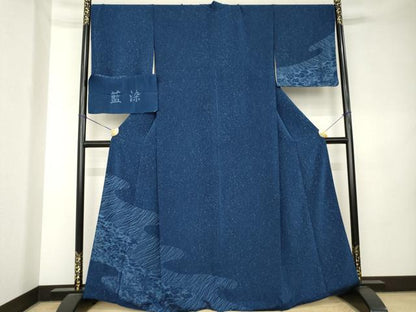平和屋着物●訪問着　藍染　流水風景文　健勝苑扱い　反端付き　正絹　逸品　AABK9341ck