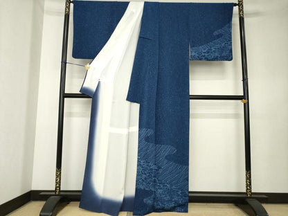 平和屋着物●訪問着　藍染　流水風景文　健勝苑扱い　反端付き　正絹　逸品　AABK9341ck