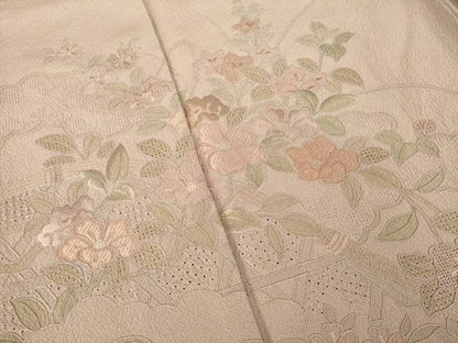 平和屋着物●訪問着　総刺繍　中国三大刺繍　スワトウ刺繍　汕頭刺繍　雲重ね花文　梅染色　正絹　逸品　AABK9344ck