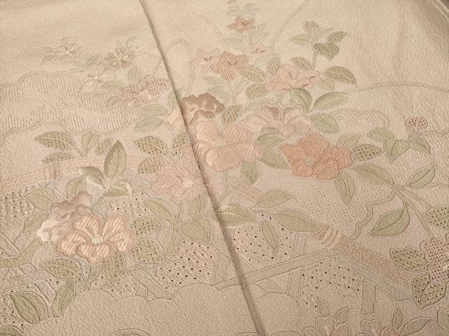 平和屋着物●訪問着　総刺繍　中国三大刺繍　スワトウ刺繍　汕頭刺繍　雲重ね花文　梅染色　正絹　逸品　AABK9344ck