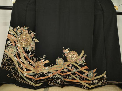 平和屋着物●豪華黒留袖 駒刺繍 正倉院花文 金彩 正絹 逸品 AABK9347ck
