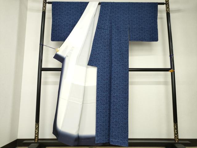 平和屋着物●日本植物染色研究員　金子正　小紋　阿波藍伝統工芸　型染め　草花文　正絹　逸品　AABK9350ck