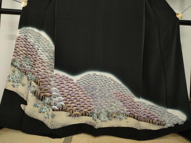 平和屋着物●豪華黒留袖 松尽くし 暈し染め 金彩 正絹 逸品 AABK9351ck