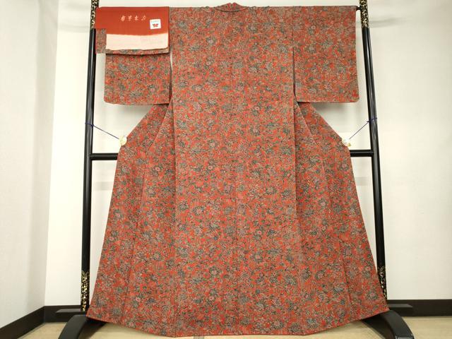 平和屋着物●上質な小紋　本草木染　更紗花文　反端付き　正絹　逸品　AABK9356ck