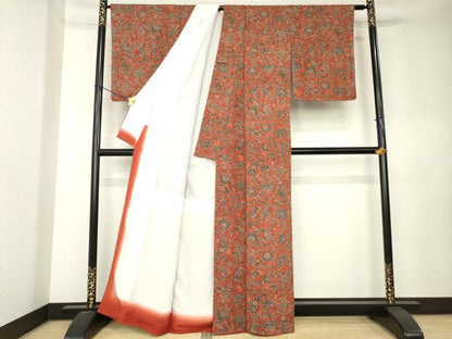 平和屋着物●上質な小紋　本草木染　更紗花文　反端付き　正絹　逸品　AABK9356ck