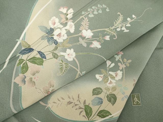 平和屋着物●訪問着　友禅　作家物　草花文　暈し染め　正絹　逸品　未使用　AABK9366ck