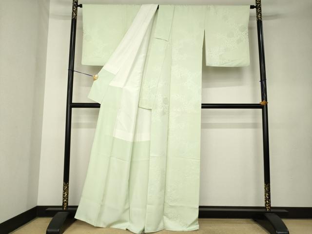 平和屋着物●上質な色無地　雲取り花唐草地紋　夏虫色　正絹　逸品　AABK9369ck