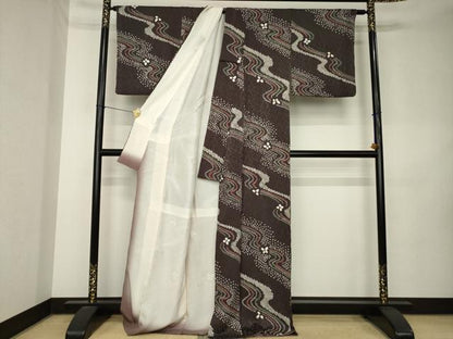 平和屋着物●上質な小紋　総絞り　流水花文　正絹　逸品　AABK9372ck