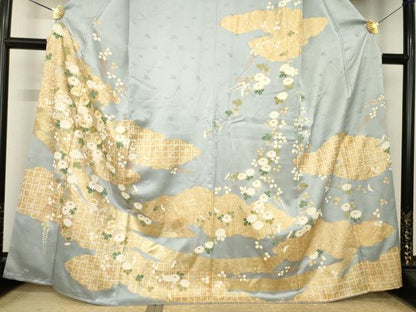 平和屋着物●訪問着　駒刺繍　雲重ね花文　金彩　正絹　逸品　AABK9373ck