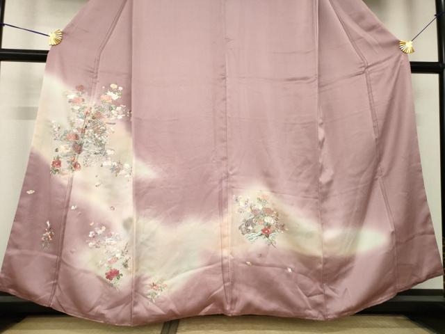 平和屋着物●訪問着　総刺繍　誰が袖花文　暈し染め　正絹　逸品　AABK9374ck