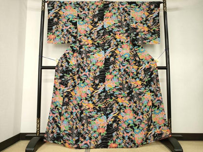平和屋着物●上質な小紋　型染め　花鳥文　黒地　正絹　逸品　AABK9377ck