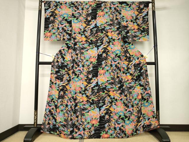 平和屋着物●上質な小紋　型染め　花鳥文　黒地　正絹　逸品　AABK9377ck