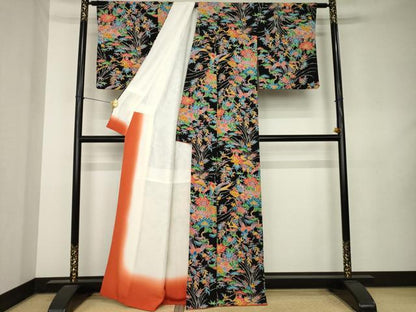 平和屋着物●上質な小紋　型染め　花鳥文　黒地　正絹　逸品　AABK9377ck
