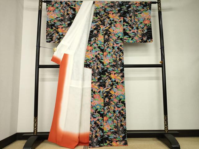 平和屋着物●上質な小紋　型染め　花鳥文　黒地　正絹　逸品　AABK9377ck