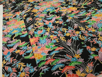 平和屋着物●上質な小紋　型染め　花鳥文　黒地　正絹　逸品　AABK9377ck