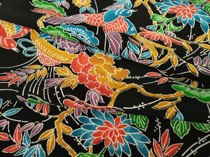 平和屋着物●上質な小紋　型染め　花鳥文　黒地　正絹　逸品　AABK9377ck