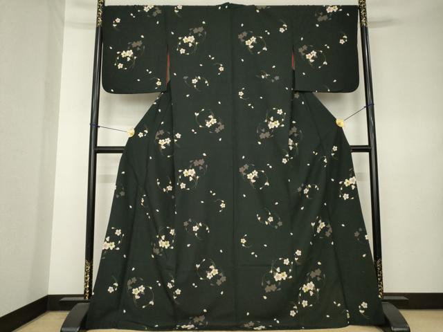 平和屋着物●上質な小紋　花丸文　黒地　ロング丈　洗える着物　AABK9378ck