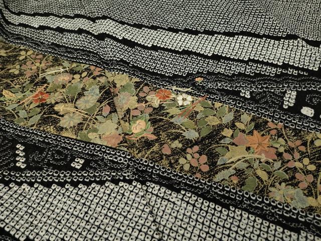 平和屋着物●訪問着　総絞り　刺繍　草花文　黒地　金彩　ますいわ屋扱い　正絹　逸品　AABK9383ck