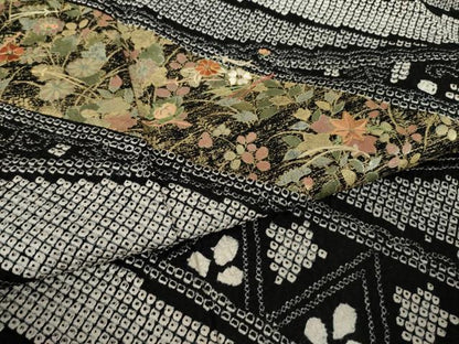 平和屋着物●訪問着　総絞り　刺繍　草花文　黒地　金彩　ますいわ屋扱い　正絹　逸品　AABK9383ck