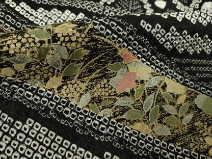 平和屋着物●訪問着　総絞り　刺繍　草花文　黒地　金彩　ますいわ屋扱い　正絹　逸品　AABK9383ck