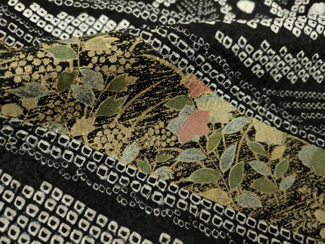 平和屋着物●訪問着　総絞り　刺繍　草花文　黒地　金彩　ますいわ屋扱い　正絹　逸品　AABK9383ck