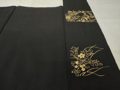 平和屋着物●訪問着　総絞り　刺繍　草花文　黒地　金彩　ますいわ屋扱い　正絹　逸品　AABK9383ck