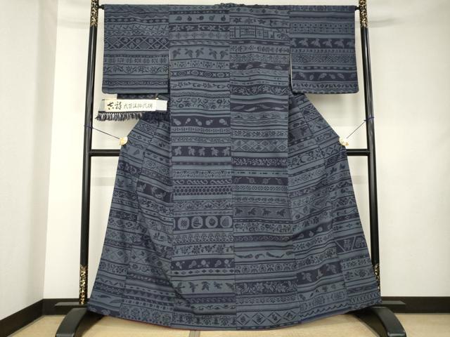 平和屋着物●お召　横段文　成り物　正絹　逸品　AABK9390ck