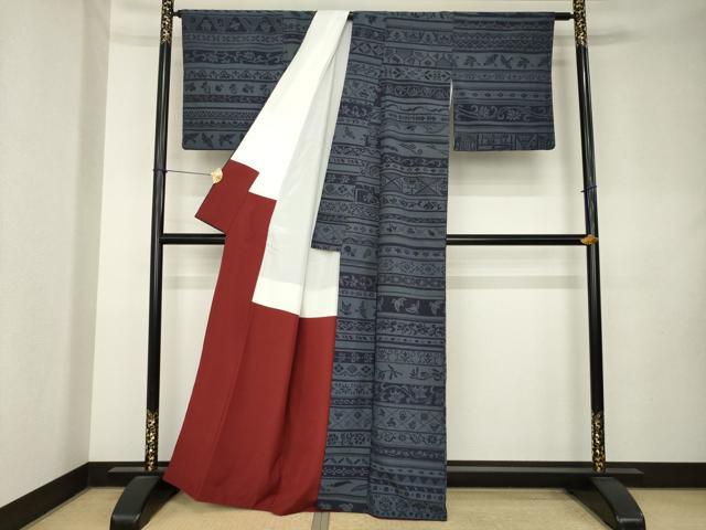 平和屋着物●お召　横段文　成り物　正絹　逸品　AABK9390ck