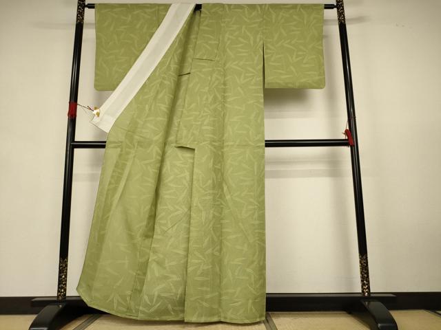 平和屋着物＊夏物　色無地　舞葉紋紗　抹茶色　正絹　逸品　AABK9416jd