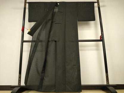 平和屋着物＊夏物　色無地　墨流し紋紗　黒緑色　銀通し地　正絹　逸品　AABK9425jd