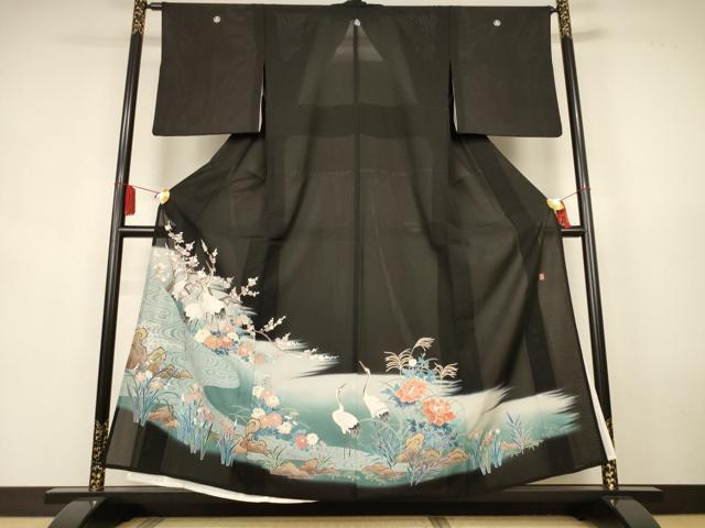 平和屋着物＊夏物　黒留袖　絽　作家物　流水花鳥文　金彩　正絹　逸品　AABK9434jd