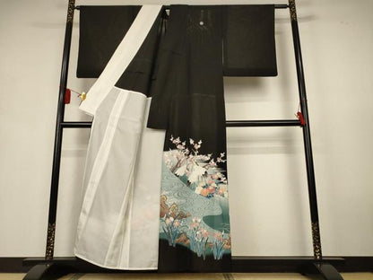 平和屋着物＊夏物　黒留袖　絽　作家物　流水花鳥文　金彩　正絹　逸品　AABK9434jd
