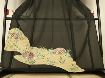 平和屋着物＊夏物　黒留袖　絽　駒刺繍　流水草葉文　銀彩　正絹　逸品　AABK9435jd