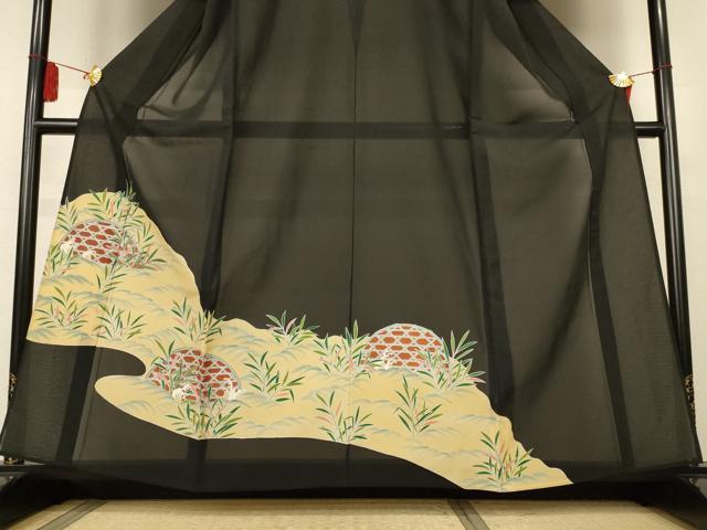 平和屋着物＊夏物　黒留袖　絽　駒刺繍　流水草葉文　銀彩　正絹　逸品　AABK9435jd