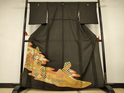 平和屋着物＊夏物　黒留袖　絽　駒刺繍　流水吉祥文　金彩　正絹　逸品　AABK9436jd