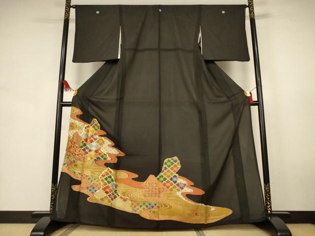 平和屋着物＊夏物　黒留袖　絽　駒刺繍　流水吉祥文　金彩　正絹　逸品　AABK9436jd