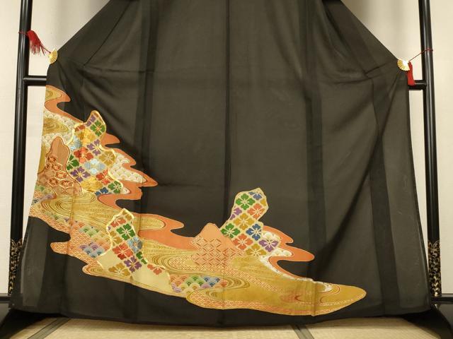 平和屋着物＊夏物　黒留袖　絽　駒刺繍　流水吉祥文　金彩　正絹　逸品　AABK9436jd