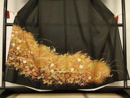 平和屋着物＊夏物　黒留袖　絽　駒刺繍　草花文　暈し染め　正絹　逸品　AABK9438jd
