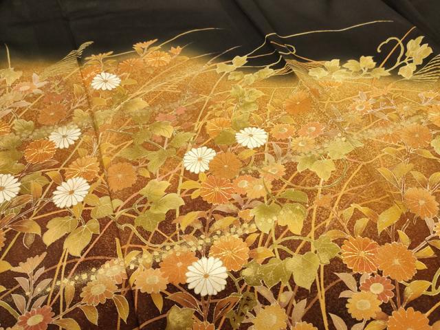 平和屋着物＊夏物　黒留袖　絽　駒刺繍　草花文　暈し染め　正絹　逸品　AABK9438jd