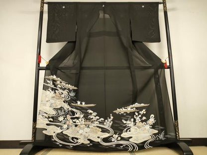 平和屋着物＊夏物　黒留袖　絽　駒刺繍　風景草花文　金彩　正絹　逸品　AABK9439jd
