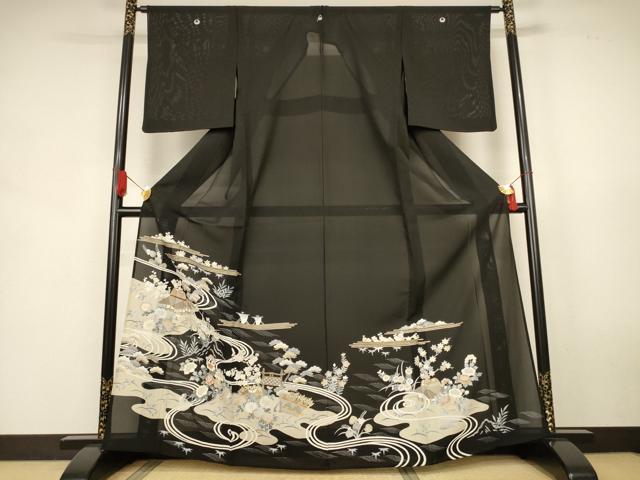 平和屋着物＊夏物　黒留袖　絽　駒刺繍　風景草花文　金彩　正絹　逸品　AABK9439jd