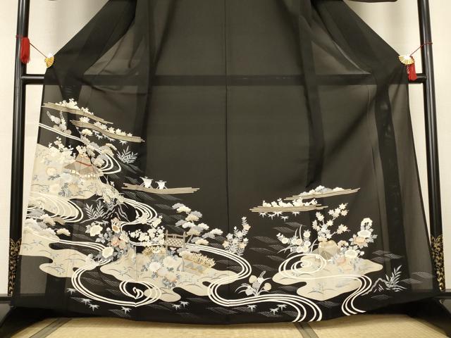 平和屋着物＊夏物　黒留袖　絽　駒刺繍　風景草花文　金彩　正絹　逸品　AABK9439jd