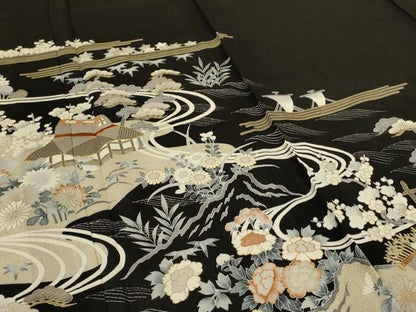 平和屋着物＊夏物　黒留袖　絽　駒刺繍　風景草花文　金彩　正絹　逸品　AABK9439jd