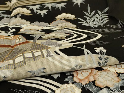 平和屋着物＊夏物　黒留袖　絽　駒刺繍　風景草花文　金彩　正絹　逸品　AABK9439jd