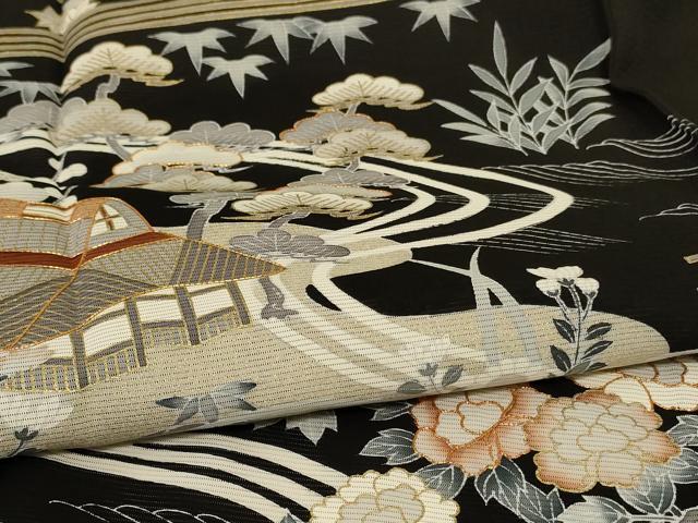 平和屋着物＊夏物　黒留袖　絽　駒刺繍　風景草花文　金彩　正絹　逸品　AABK9439jd
